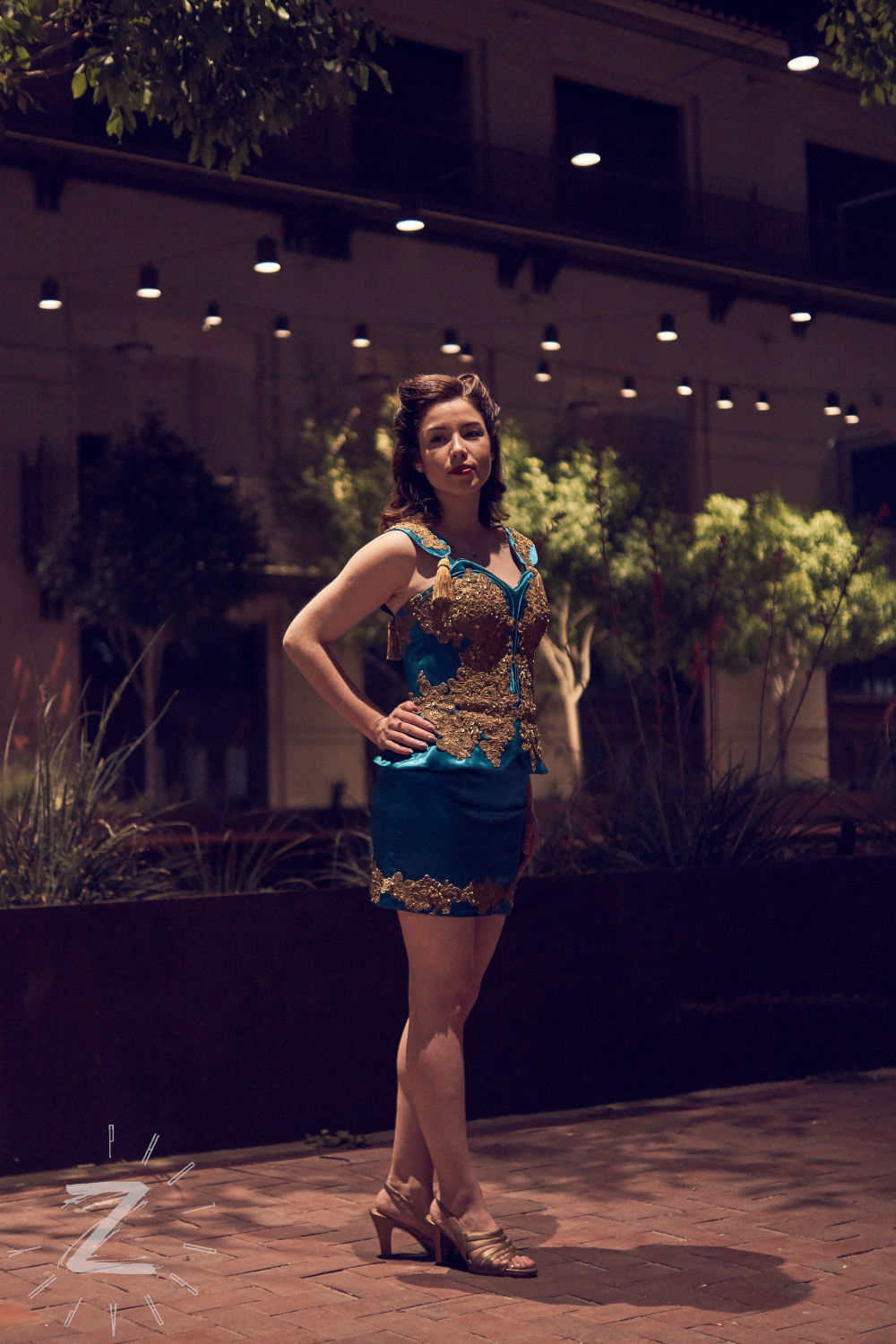 Album cover photo for the teal dress with golden embroidery inspired by Tom Lea's title cover for 'The Brave Bulls'